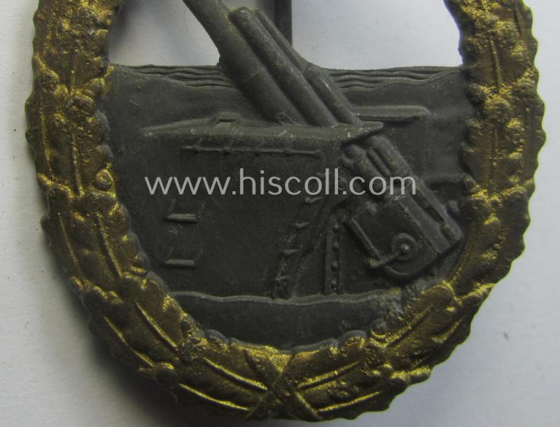 WH (Kriegsmarine) 'Marine-Artillerie-Abzeichen' being a typical non-maker-marked- and/or zinc- (ie. 'Feinzink'-) based example as was (presumably) produced by the: 'Alois Rettenmaier'-company