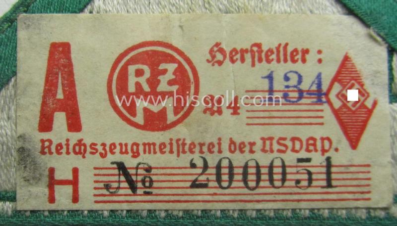 HJ (ie. 'Hitlerjugend') honorary-district-triangle (ie. 'Gebietsdreieck') entitled: 'Landjahr' being an example that still retains its 'RzM'-etiket and that comes in an overall very nice (albeit just moderately used ie. worn condition)
