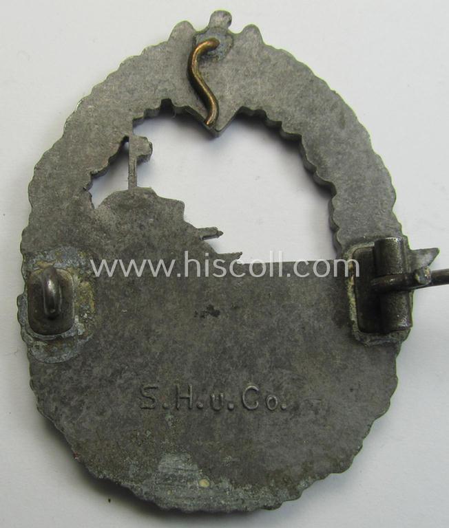 Attractive - albeit moderately used- ie. worn! - WH (Kriegsmarine) 'Zerstörerkriegsabzeichen' being a clearly maker-marked example as executed in 'Feinzink' as was produced by the desirable maker (ie. 'Hersteller'): 'S.H.u.Co.'