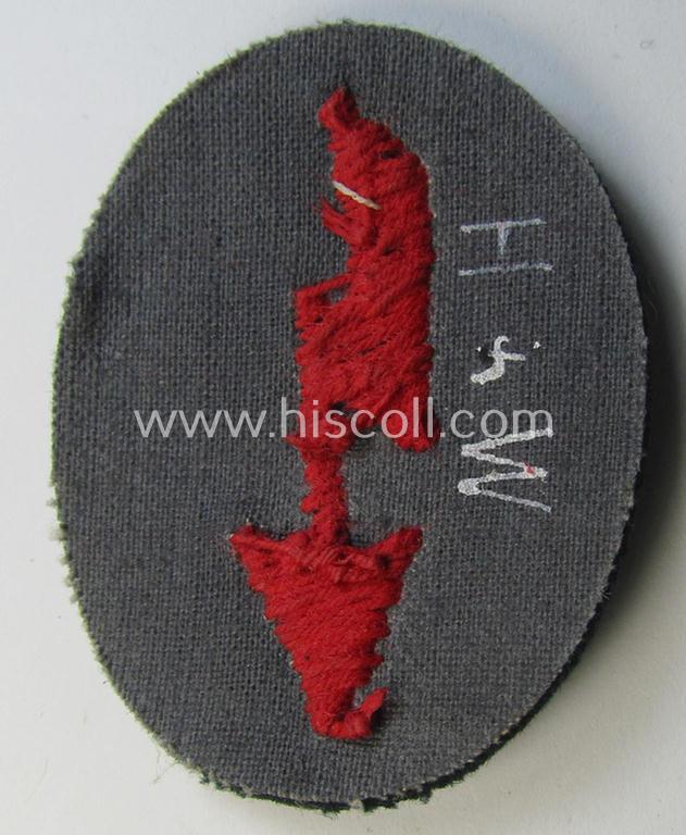WH (Heeres) trade- and/or special-career-insignia ie. hand-embroidered 'signal-blitz' being a nicely maker- (ie. 'H&W'-) marked example as executed in bright-red linnen as was specifically intended for a soldier within the: 'Artillerie-Truppen'