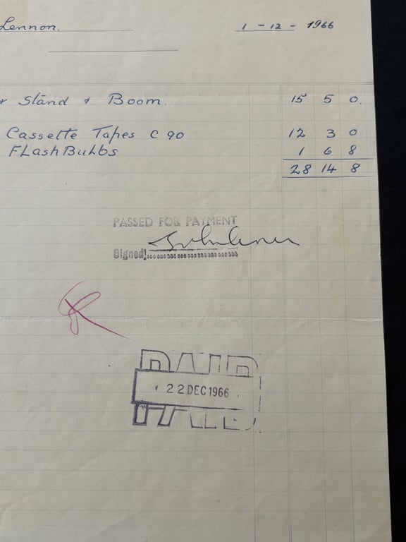 VERY RARE JOHN LENNON (BEATLES) HAND SIGNED RECEIPT DECEMBER 1st  1966.
