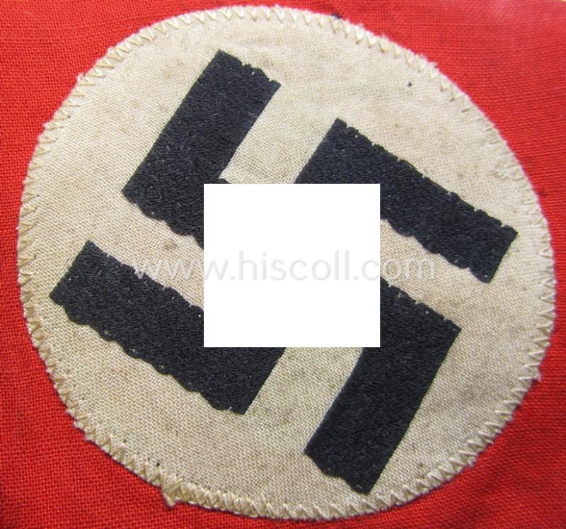 Attractive - 'patriotic-styled'- and/or truly nicely woven! - white- and red-coloured N.S.D.A.P.-related vehicle- ie. bicycle-flag (ie. 'Fahrrad-Fahne') depicting a double-sided ('BeVo'-like) woven swastika-patch