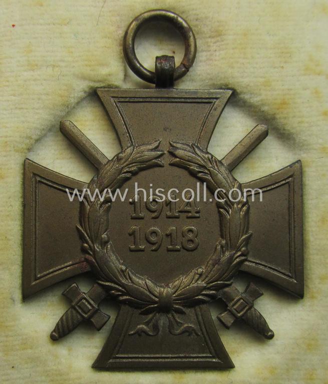 Attractive, (post) WWI-period: 'Frontkämpferkreuz 1914-18 mit Schwertern' (ie.: 'Kriegsteilnehmerkreuz 1914-18 mit Schwertern') being a maker- (ie. 'G 11'-) marked example that came stored in its truly luxuriously-styled, bright-red-coloured et...