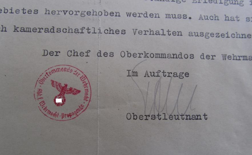 Interesting, period- ie. 1943 dated and A4-sized letter (ie. 'Zeugnis') showing a pre-printed letterhead of the: 'OKW', stating that the female worker Gisela Jung was working for the OKW ('Abt. für Wehrmachtpropaganda') - nice condition!