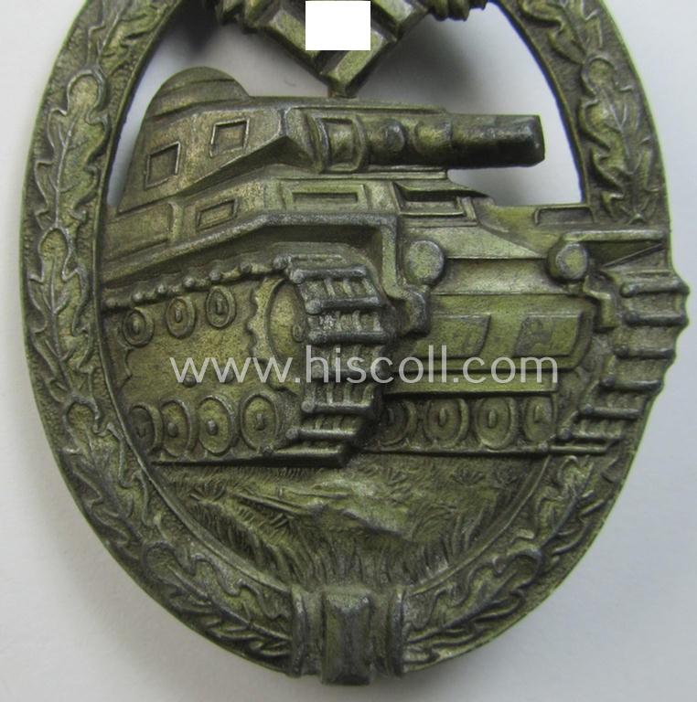 Superb - and hardly used! - 'Panzerkampfabzeichen in Bronze' being a neatly maker- (ie. 'HA'-) marked- and/or zinc- (ie. 'Feinzink'-) based specimen as was produced by the desirable 'Hersteller' (ie. maker): 'Hermann Aurich'