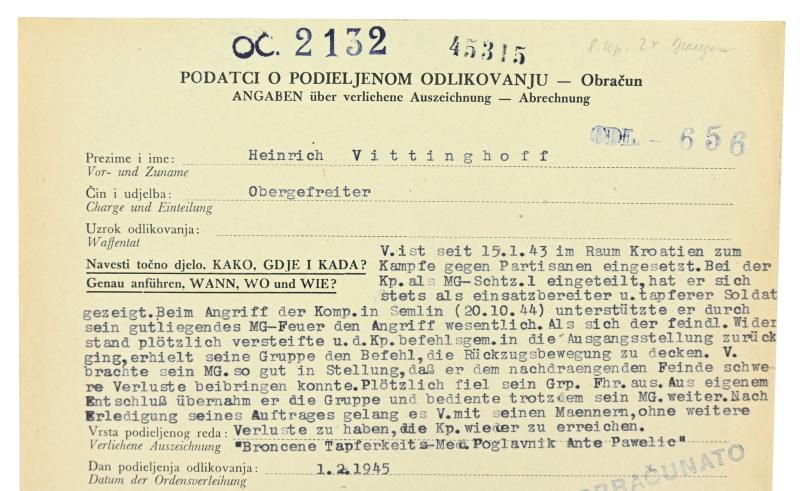 Croatian/German WW2 Bronze Bravery Medal Certificate 'Heinrich Vittinghoff'
