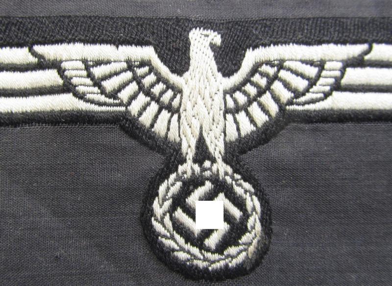Neat, WH (Heeres) early- (ie. pre-) war-period- and/or white-coloured 'Panzer'-type breast-eagle of the so-called: 'M35'- (ie.'M36'-) pattern as was executed in the neat 'BeVo'-weave pattern on a black-coloured background