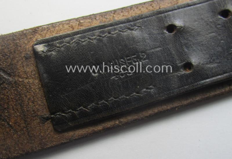Complete(!) DJ (ie. 'Deutsches Jungvolk') silver-coloured- (ie. typical nickle-chromed) belt-buckle (ie. 'Koppelschloss') being a maker- (ie. 'RzM U.E. 72'-) marked example that comes mounted onto its (nicely marked), leather-based belt