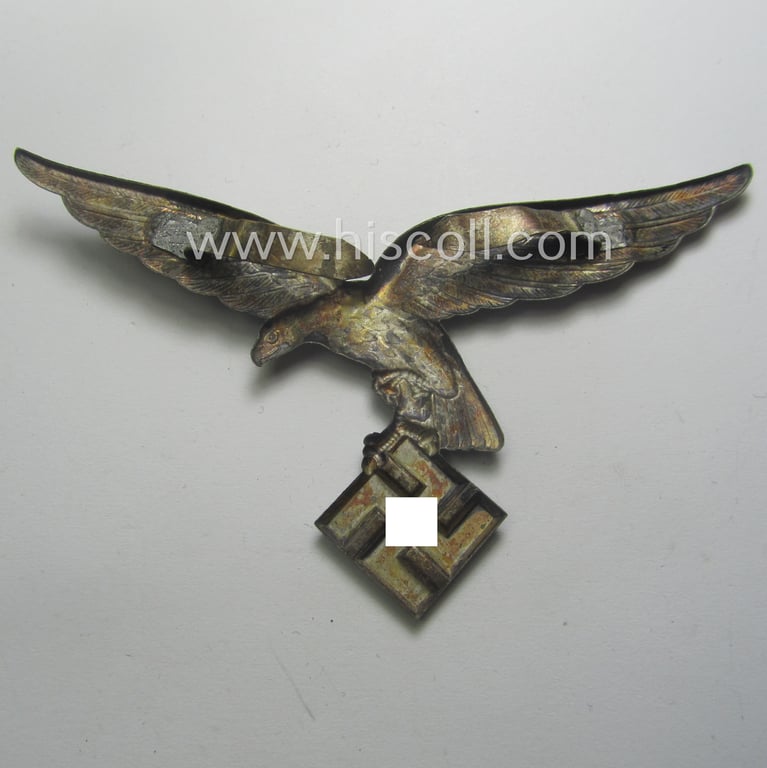 Attractive, silver-coloured- (and/or I deem tin-based), WH (Luftwaffe) related so-called: 'photo-album-device', being a larger-sized & non-maker-marked example depicting an early-period- ie. 'down-tailed' eagle-device