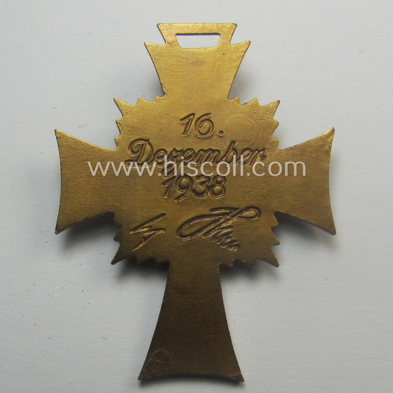 'Ehrenkreuz der deutschen Mutter - dritte Stufe' (or: bronze-class mothers'-cross) that came together with its long-sized ribbon and that came stored in its period pouch by the maker: 'G. Danner - Mühlhausen/Th.'