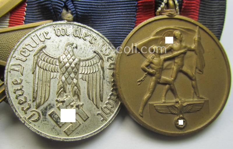 4-pieced WH (Heeres o. KM etc.) medal-bar (ie.: 'Ordenspange') resp. showing an: 'EKII. Kl.', a: 'KvK II.Kl. mit S.', a: 'WH-DA 4. St.' (with eagle-device) and a: Czech 'Anschluss'-medal (with a firmly attached 'Prager Burg-Spange')