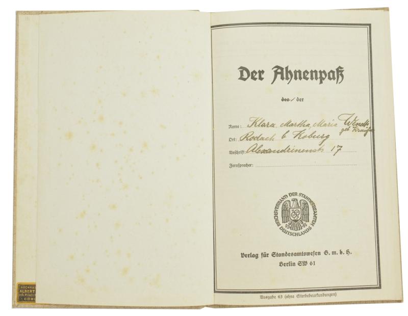 German Third Reich 'Ahnenpass' Ancestral Passport