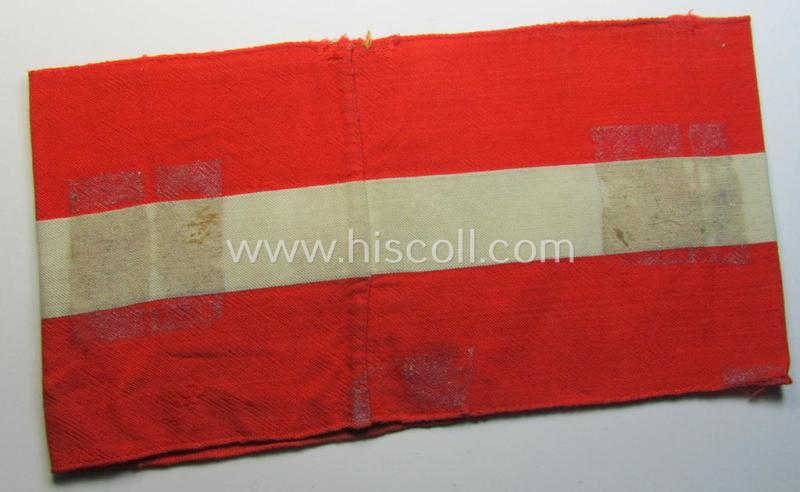 Attractive - and scarcely found! - 'standard-issued'- (ie. entirely woven) pattern, bright-red-coloured HJ- (ie. 'Hitlerjugend'-) related armband (ie. 'Armbinde') being a clearly used example that is void of an 'RzM'-etiket