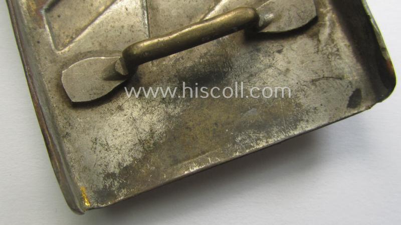 DJ (ie. 'Deutsches Jungvolk') silver-coloured- (ie. typical nickle-chromed) 'variant'-pattern belt-buckle (ie. 'Koppelschloss') being a non-maker-marked example that comes in a just moderately used- ie. truly worn, condition
