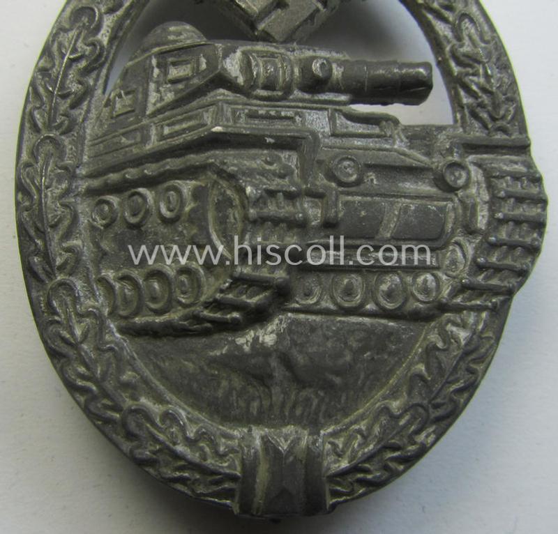 'Panzerkampfabzeichen in Silber', being a maker- (ie. 'RS'-) marked version as executed in zinc- (ie. 'Feinzink'-) being a so-called: 'Broad Maker Mark - Broad Pin'-variant as was produced by the: 'Rudolf Souval'-company