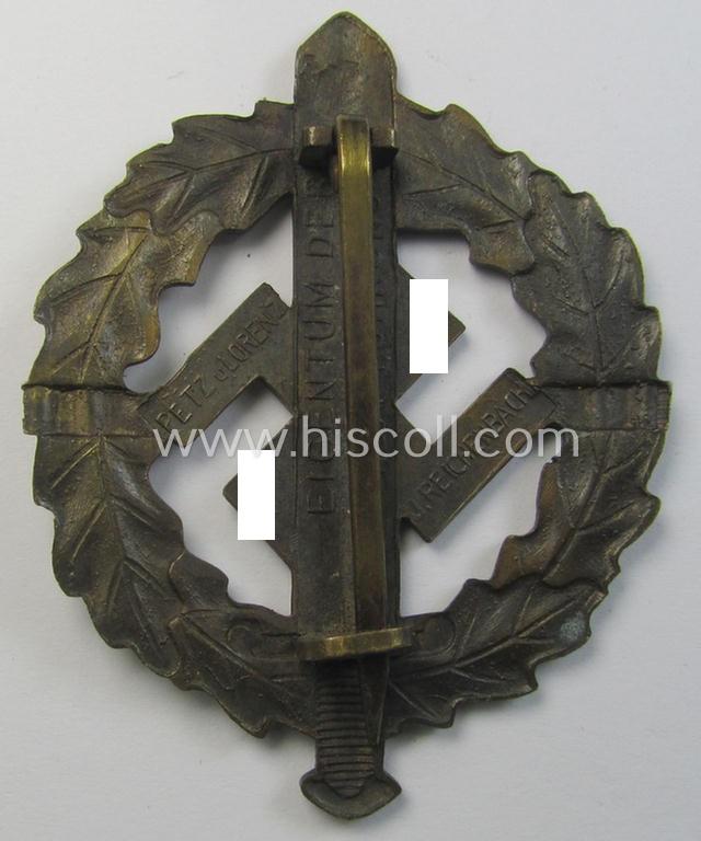 Attractive - and I deem early- (ie. mid-war-) period example of an: 'SA-Sportabzeichen in Bronze', being a nicely (and unusually!) maker- (ie. 'Petz u. Lorenz - Reichenbach'-) marked example that comes in an overall nice condition