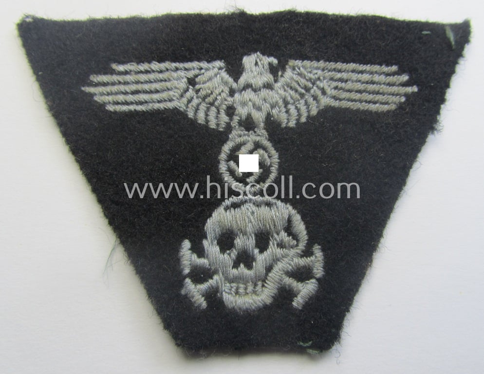 Crudely-made, Waffen-SS black-coloured, M43-pattern 'Panzer'-cap-trapezoid as was specifically intended for usage on the M43-model field-caps (ie. 'Einheitsfeldmützen')