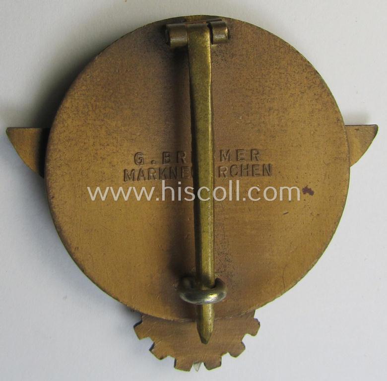 'HJ'- ('Hitlerjugend') ie. 'BDM'- ('Bund Deutscher Mädel') related: 'Reichsberufswettkampf-Siegerabzeichen' (of the 2nd model) entitled: 'Kreissieger 1938' and being a neatly maker- (ie.: 'G. Brehmer'-) marked example