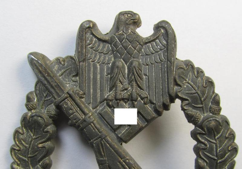 Attractive, 'hollow-back' 'Infanterie Sturmabzeichen in Silber' (or: silver infantry-assault badge ie. IAB) being a non-maker-marked example as executed in zinc-based metal (ie. 'Feinzink') as was produced by the: 'Wilh. Deumer'-company