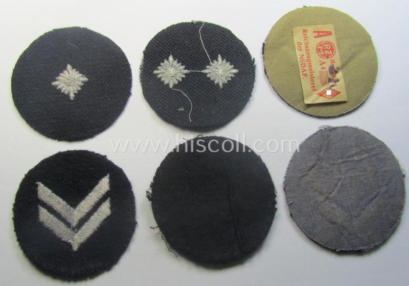 Interesting - and hardly ie. even never used! - 6-pieced (and almost complete), DJ- (ie. 'Deutsches Jungvolk in der HJ') insignia-set comprising of 6 darker-blue-toned rank-patches (ie. 'Rangzeichen') of which one still holds its period 'RzM'-e...