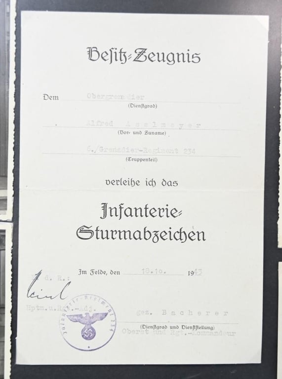 German WH Document Grouping 'Obergefreiter Alfred Aselmeyer'