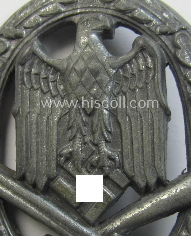 Attractive, 'Allgemeines Sturmabzeichen' (or: General Assault Badge ie. GAB) being a typical unmarked, zinc-based- (ie. 'Feinzink'-) and/or: 'semi-hollow-back'-version as was (I deem) produced by the: 'Rudolf Karneth'-company