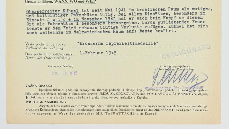 Croatian/German WW2 Bronze Bravery Medal Certificate 'Helmut Kuhnel'
