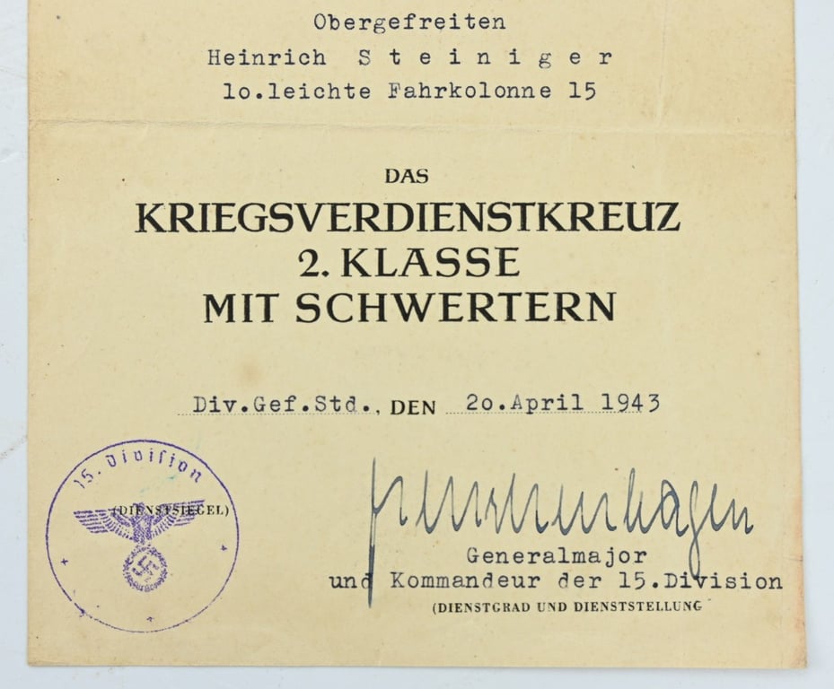 German War Merit Cross with Swords 2nd Class Certificate