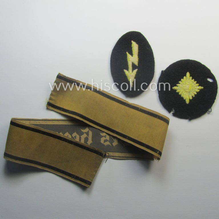 Unusual - and truly worn and/or carefully tunic-removed - 3-pieced WH (Heeres, female-related insignia-grouping comprising of a rank-roundel, signal 'Blitz' and/or cuff-title (ie. 'Ärmelstreifen'): 'NH des Heeres'
