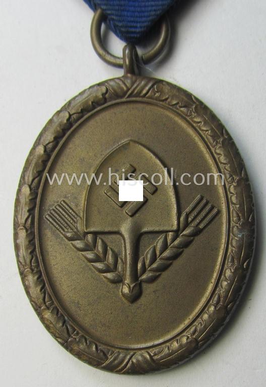 Attractive example of a: RAD (ie. 'Reichsarbeitsdienst'): 'Dienstauszeichnung 4. Stufe für Männer' as was intended for 4 years loyal-service and that comes mounted onto its period (broad-sized) ribbon (ie. 'Bandabschnitt')