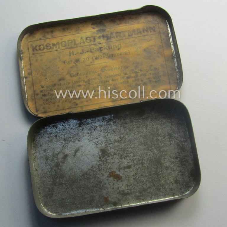 Attractive - and actually scarcely seen! - HJ/BDM- (ie. 'Hitlerjugend'/'Bund Deutscher Mädel'-) related, tinnen-based medical-accessory-box that is showing a typical 'HJ-Raute' on its top
