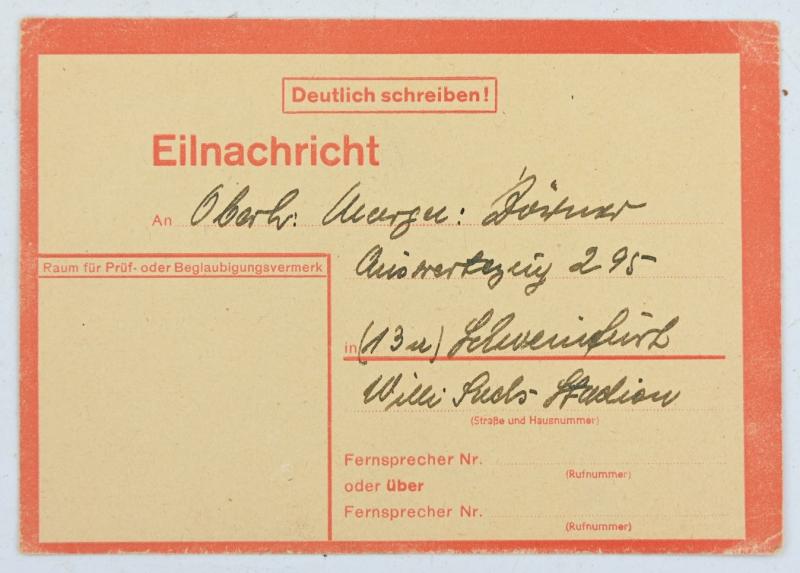 German Third Reich Message Card ''sign of life'