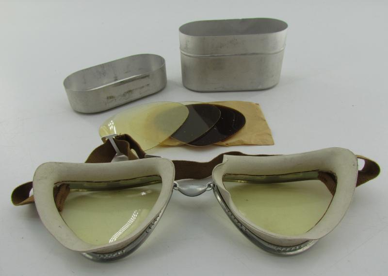 N.Raule Torino 1940's motorcycle goggles, with tin case