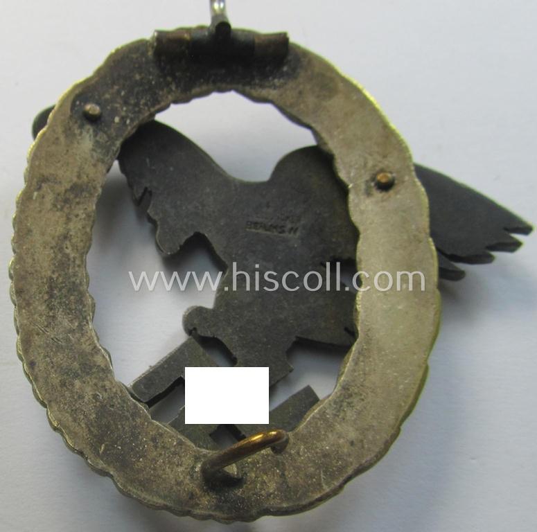 WH (Luftwaffe) 'Flugzeug-Beobachter-Abzeichen' (ie. observers'-war-badge) being a neatly maker- (ie. 'C.E. Juncker'-) marked and/or: 'Buntmetall'- (ie. 'Tombak'-) based example (of the desirable 'J1-pattern'!)