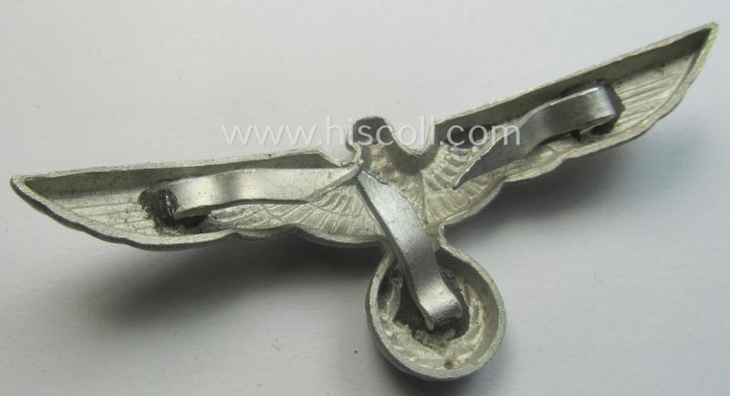 WH (Heeres) bright-silver-toned (ie. aluminium-based), EM- (ie. NCO- or officers') type visor-cap-eagle being a non-maker-marked example that comes in a clearly used- ie. (I deem) once cap-attached, condition