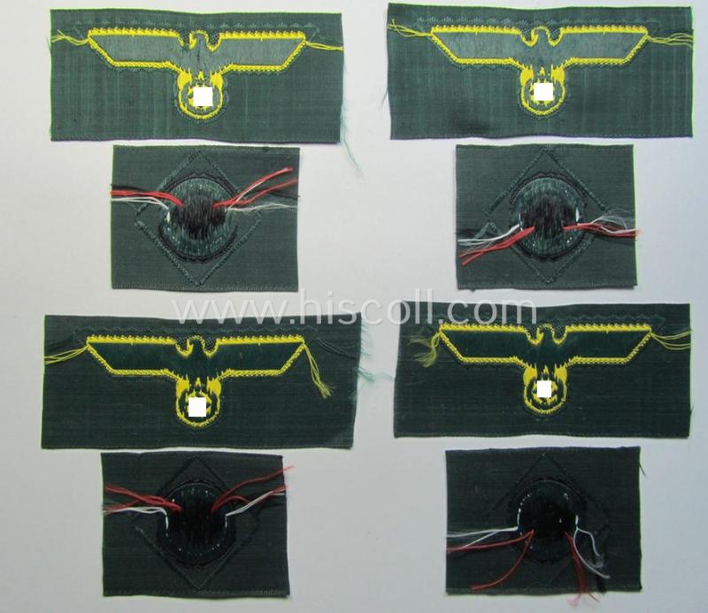 Neat, WH (KM ie. 'Küsten-Marine o. Marine-Artillerie') side-cap-eagle and cocarde-set (being a 'virtually mint- ie. unissued' set as executed in golden-yellow-coloured linnen on a darker-green-coloured background)