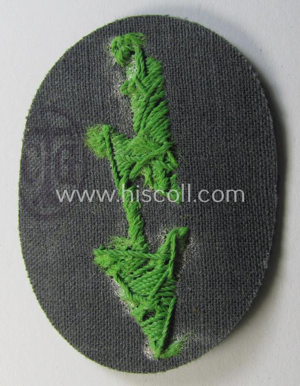 WH (Heeres) trade- and/or special-career-insignia ie. hand-embroidered 'signal-blitz' being a nicely maker- (ie. 'CTG'-) marked example as executed in bright-green linnen as was specifically intended for a soldier within the: 'Pz.-Gren.-Truppen...