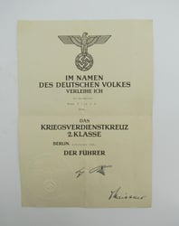 War Merit Cross 2nd Class Award Document
