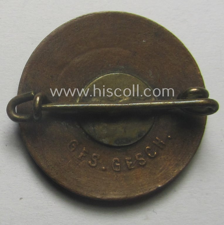 Early-period - and actually quite scarcely found! - 'N.S.D.A.P. - Parteiabzeichen' that is void of a makers'-designation but that shows a: 'Ges.Gesch.'-patent-pending-designation