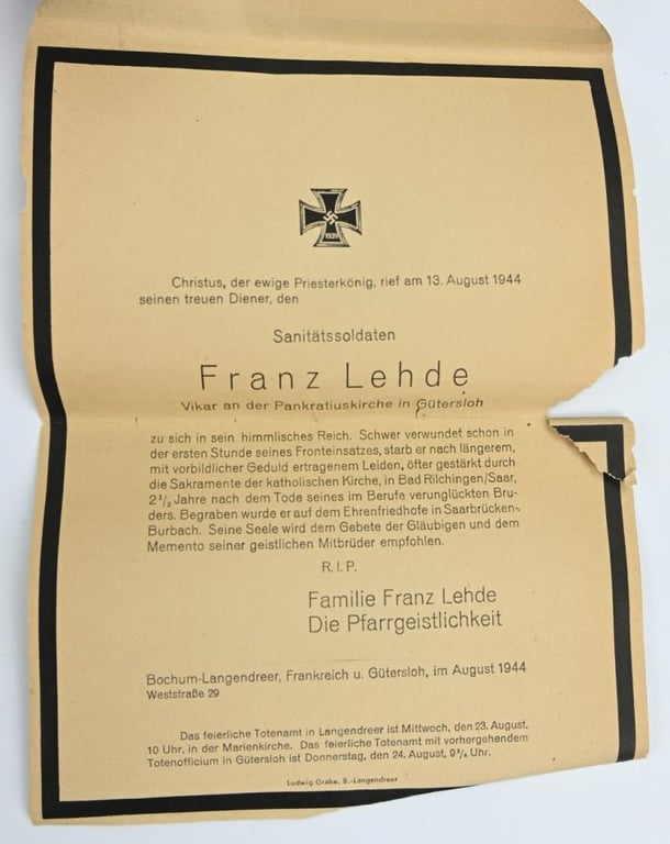 German WH Deathcard Grouping Chaplain Franz Lehde