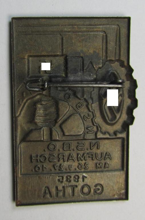 Commemorative DAF- (ie. 'Deutsches Arbeitsfront') ie. N.S.B.O.- (ie.: 'National-Sozialistischer Betriebszellen-Organisation'-) related day-badge (ie. 'tinnie') as issued to commemorate the: 'N.S.B.O. Aufmarsch am 16.u.27.10. 1935 - Gotha'