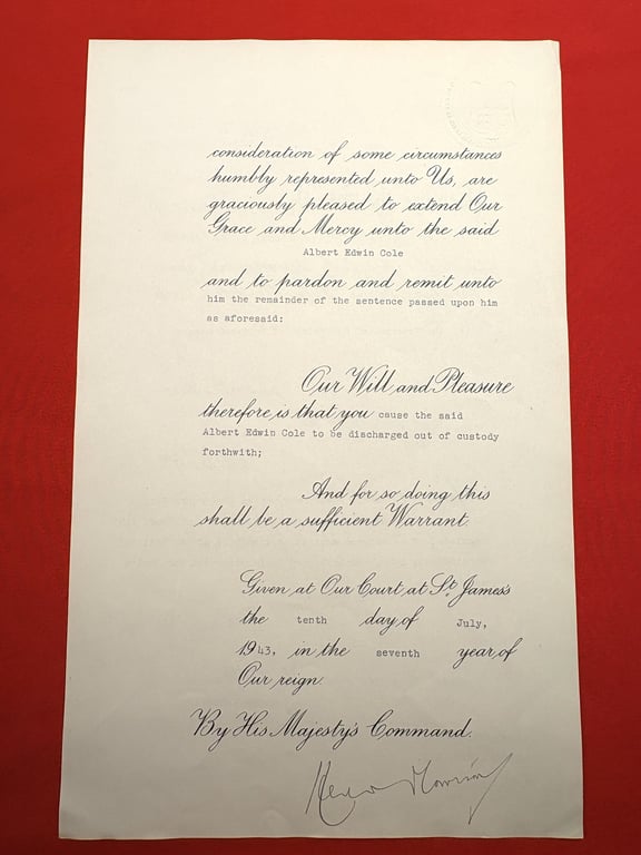 VI 1943.AUTHENTIC WARTIME KINGS ROYAL PARDON HAND SIGNED BY KING GEORGE