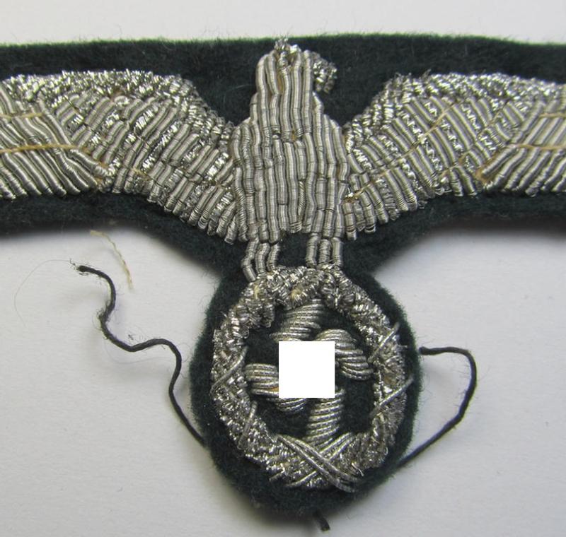 Attractive - and just moderately used! - WH (Heeres) officers'-type, hand-embroidered breast-eagle (ie. 'Brustadler für Offiziere') as was executed in bright-silverish-coloured braid as was intended for usage on the various officers'-pattern tuni...