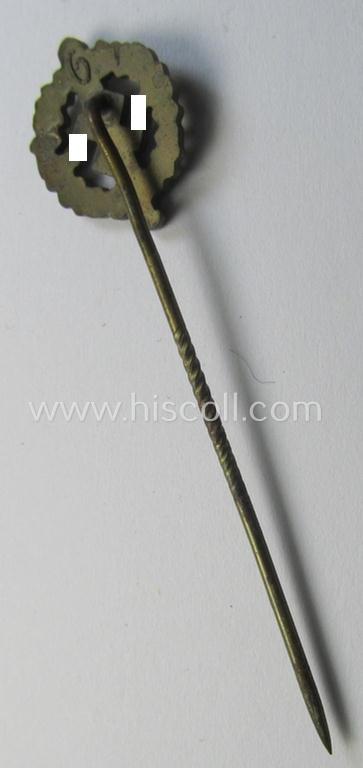 Attractive, example of a miniature lapel-pin depicting a: 'SA-Sportabzeichen in Bronze' being a detailed and/or neatly maker- (ie. '6.' or: 'Fritz Zimmermann'-) marked example that comes as issued and/or found