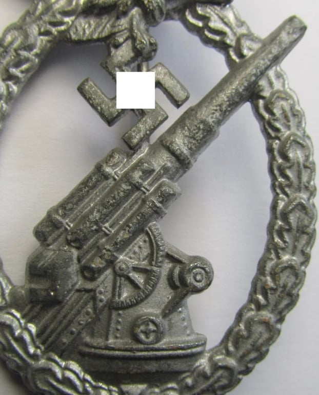 Attractive, later-war period- and/or: 'Feinzink'-based- example of a maker- (ie. 'GB'-) marked WH (Luftwaffe) 'Flakkampfabzeichen' (or: airforce anti-aircraft badge) being a detailed example as was produced by the: 'Gustav Brehmer'-company