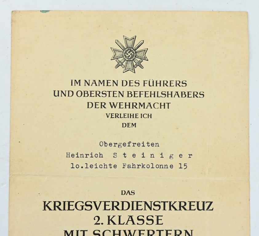 German War Merit Cross with Swords 2nd Class Certificate
