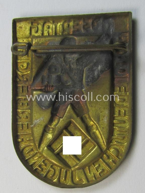 Superb - and scarcely encountered! - HJ- (Hitlerjugend-) (ie. DJH-) related day-badge (ie. 'tinnie' or: 'Veranstaltungsabzeichen') as was issued to commemorate a HJ-related gathering ie. rally named: 'Opfertag für die Deutschen Jugendherbergen'