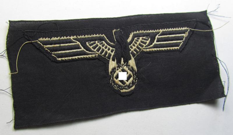 Neat, WH (Heeres) early- (ie. pre-) war-period- and/or white-coloured 'Panzer'-type breast-eagle of the so-called: 'M35'- (ie.'M36'-) pattern as was executed in the neat 'BeVo'-weave pattern on a black-coloured background
