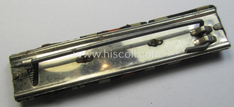 Three-pieced, WH (Heeres etc.) medal-bar (ie. 'Feld- o. Bandspange') showing resp. the ribbons for a WWI-period: 'EK II.Kl.' (or: iron cross second class), a: 'FKK 1914-18 mit Schw.' and a: 'N.S.D.A.P. DA 3. Stufe in Bronze'