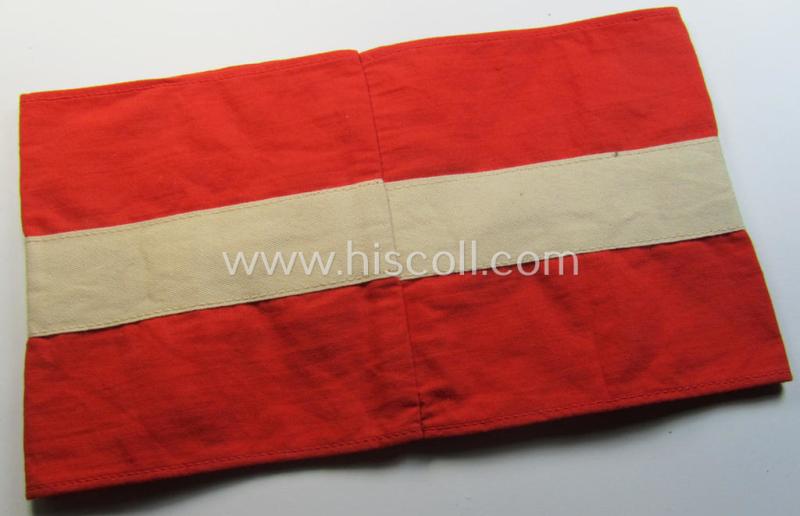 Attractive - and nowadays scarcely found! - 'standard'- (ie. partly-woven-) pattern, orange-red-coloured HJ- (ie. 'Hitlerjugend'-) related armband (ie. 'Armbinde') being a moderately worn- ie. used example that regrettably misses its 'RzM'-et...